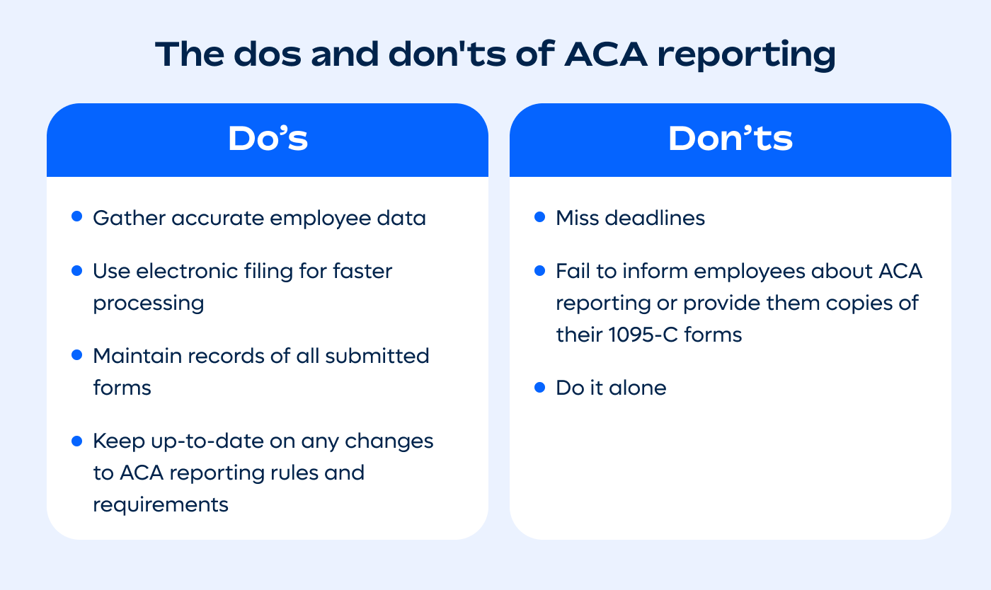 graphic showing lists of do's and dont's for ACA reporting