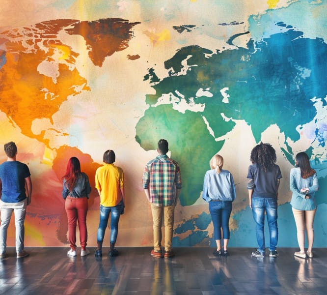 A group of people facing a colorful map