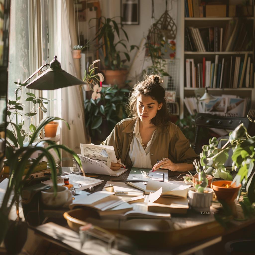 A young freelance worker is working at her desk and surrounded by paperwork in her home office