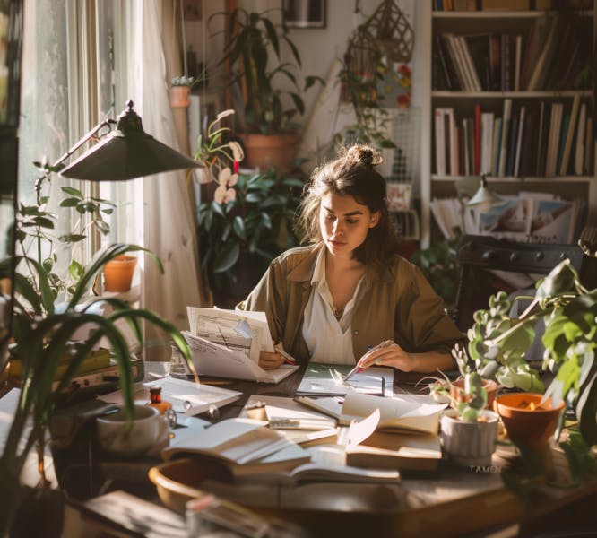 A young freelance worker is working at her desk and surrounded by paperwork in her home office