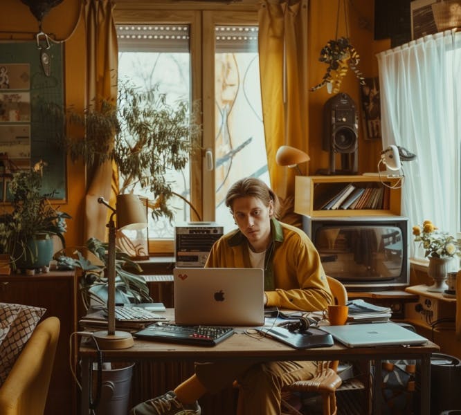 a freelance worker at home looking anxious in his home office