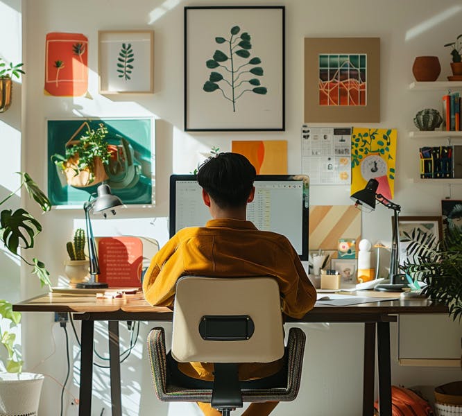 A freelancer worker sits in his vibrant home office facing away from the camera