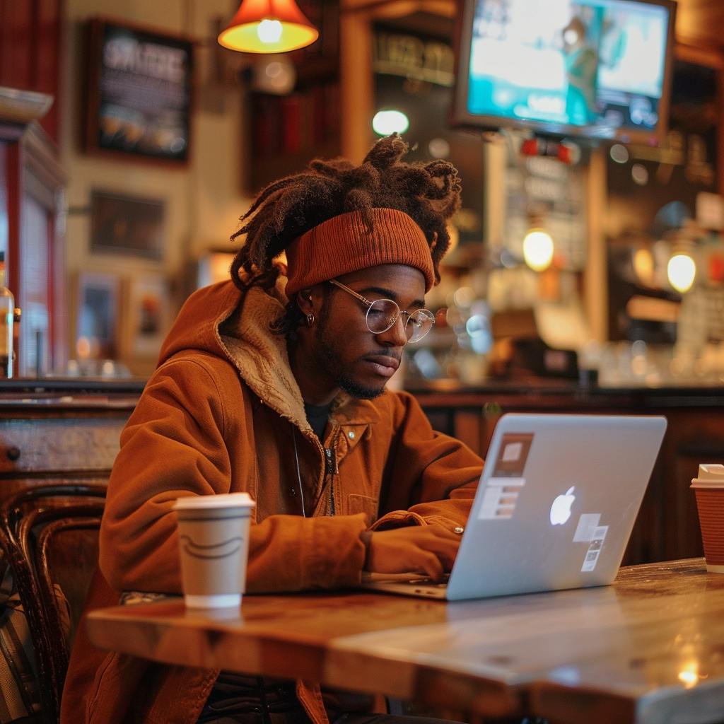 A young freelance worker sits in front of a laptop and works at the cafe 