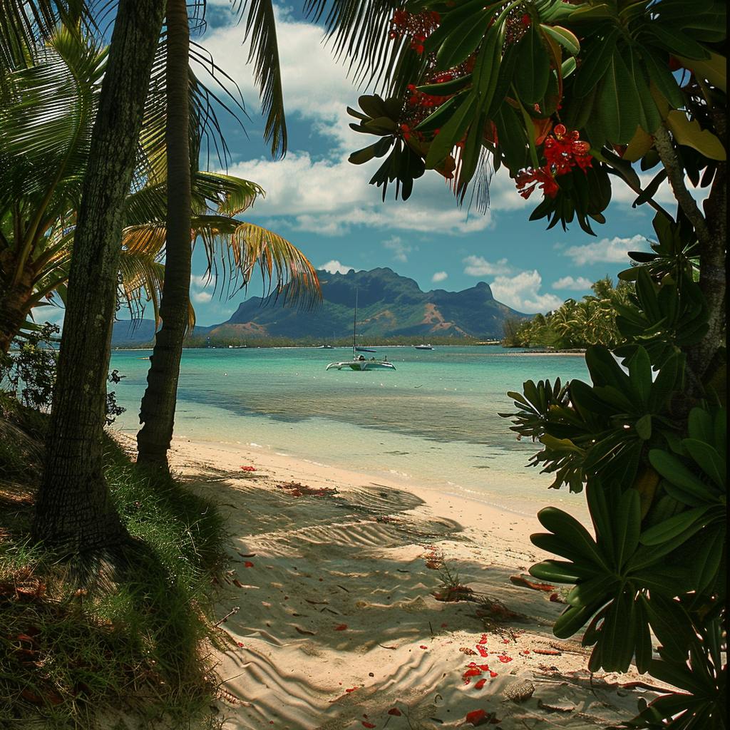 A typical beach scene in Mauritius with palm trees and blue ocean with hills in the background