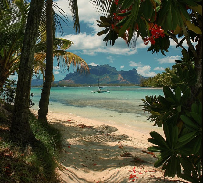 A typical beach scene in Mauritius with palm trees and blue ocean with hills in the background