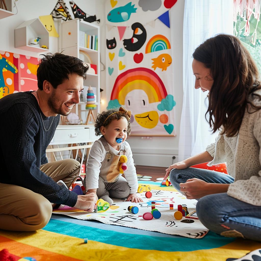 a happy family image of a mother and father playing with their toddler in a playroom