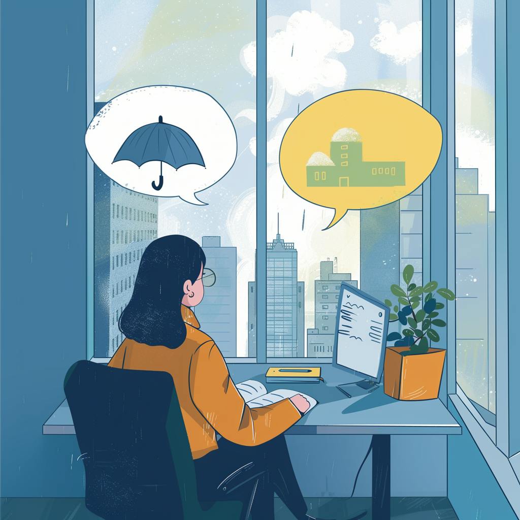 a freelancer works sits at her office and thinks about choosing a umbrella company versus a PEO