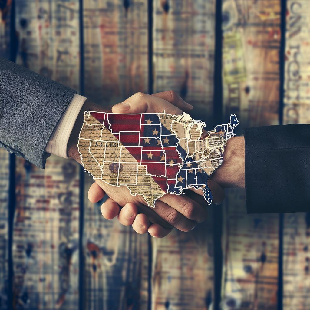 Conceptual image showing two hands shaking behind a map of the US
