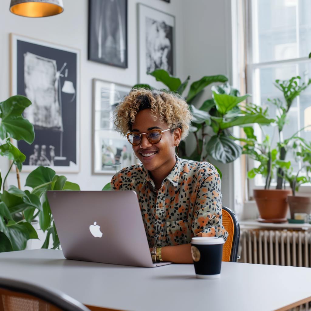 A freelance workers looks happy in front of their laptop