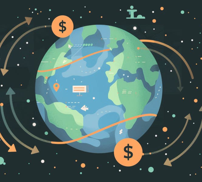 A globe featuring currencies moving internationally