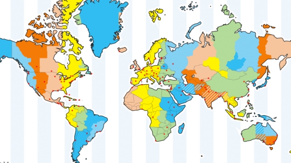 World map with time zones outlined from timeanddate.com