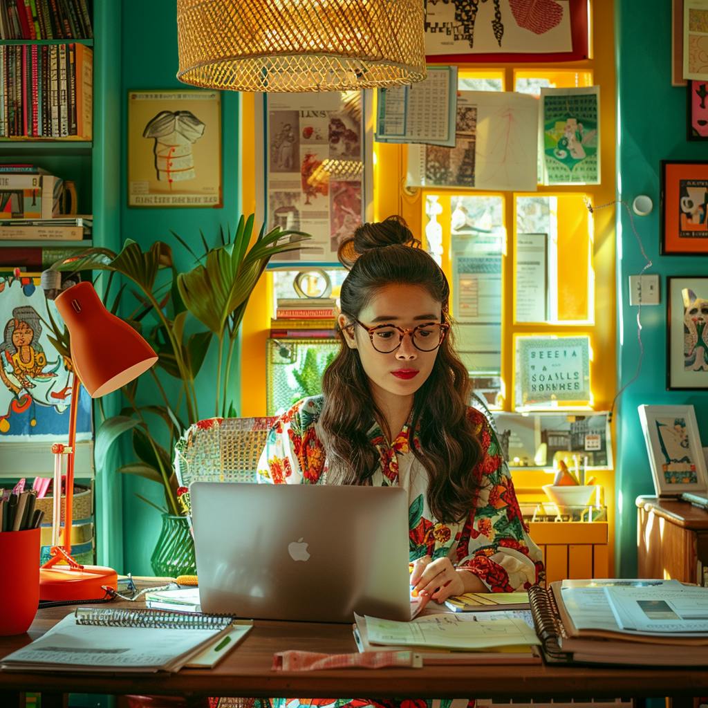 A young Asian remote workers sits in her vibrant home office and files tax forms