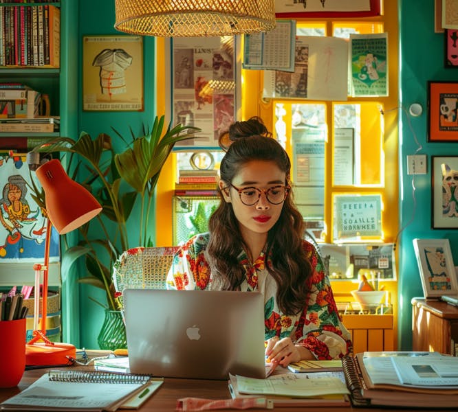 A young Asian remote workers sits in her vibrant home office and files tax forms