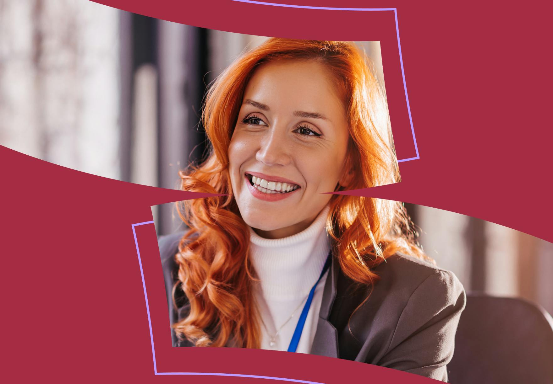 A woman with red hair smiling in front of a red background.